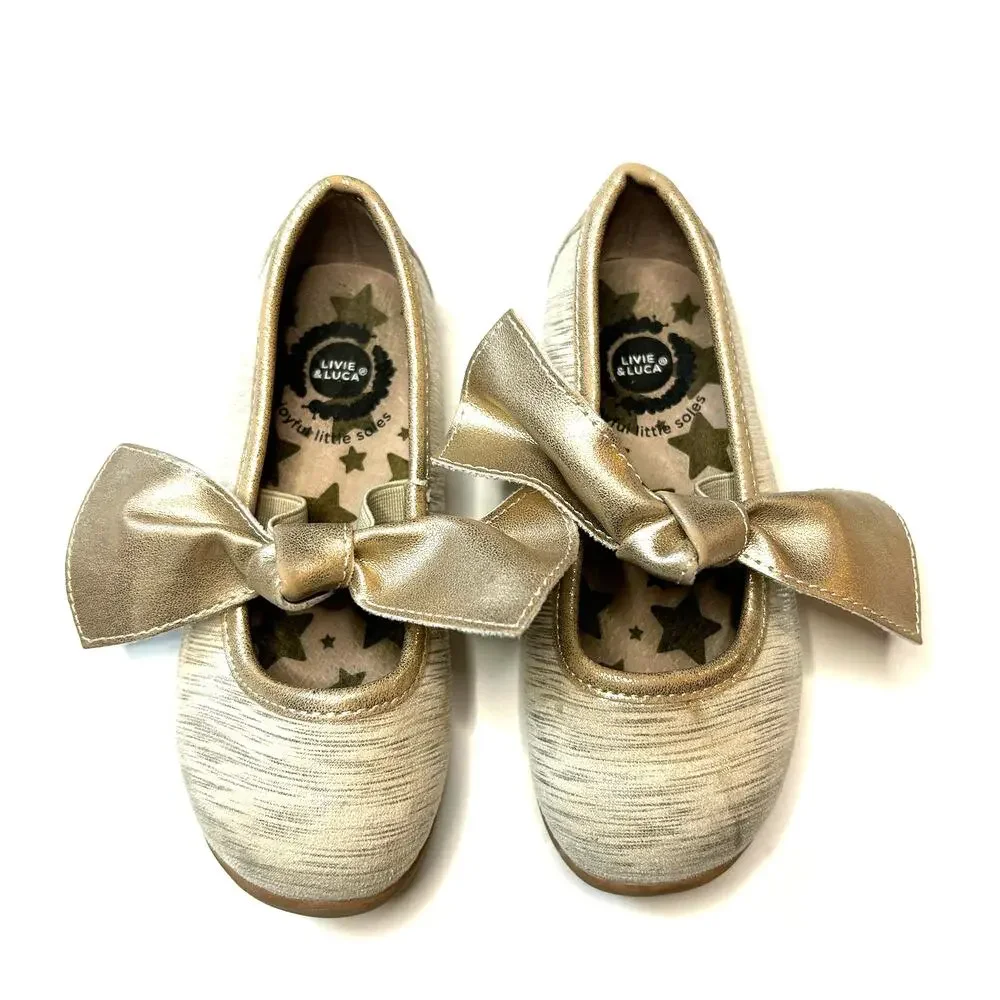 Livie & Luca Gold Metallic Bow Mary Jane Kids Shoes